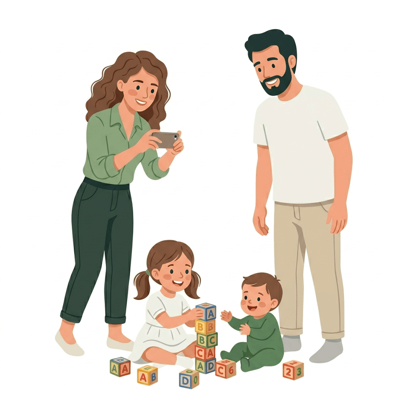 Famille qui joue avec des cubes et prend des photos de souvenirs